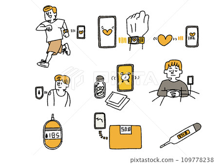 Illustration set of people using smart health equipment Comical hand-drawn people Vector, color line drawing 109778238