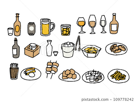 Handwritten illustration set of alcohol and alcohol snacks 109778242