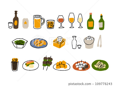 Handwritten illustration set of alcohol and alcohol snacks 109778243