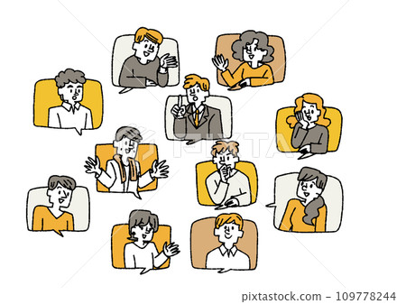 Illustration set of various people peeking out of speech bubbles and talking Illustration set of various people peeking out of speech bubbles and talking 109778244