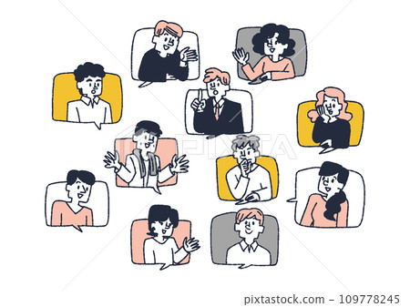 Illustration set of various people peeking out of speech bubbles and talking Illustration set of various people peeking out of speech bubbles and talking 109778245