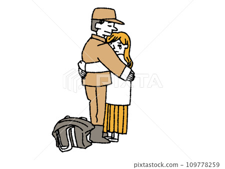 一名婦女送行一名即將參軍的男子。說明人們悲傷地告別。 109778259