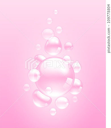 Collagen or water drops pink. For beauty product, moisture, skin care, scatter aqua liquid. Skin care cosmetic hydration spots. Realistic 3d vector 109778804