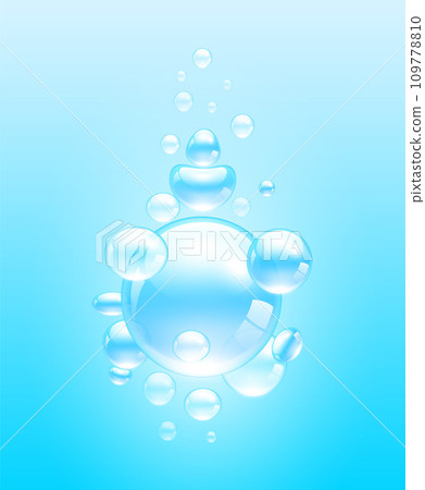 Collagen or water drops blue. For beauty product, moisture, skin care, scatter aqua liquid. Skin care cosmetic hydration spots. Realistic 3d vector. 109778810