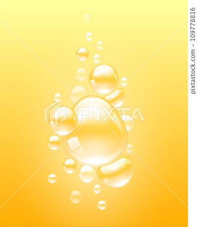 Collagen or water drops orange. For beauty product, moisture, skin care, scatter aqua liquid. Skin care cosmetic hydration spots. Realistic 3d vector. 109778816