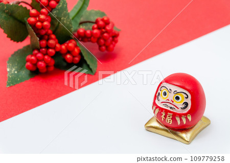 Senryo and Daruma on a red and white background 109779258