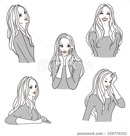 Adult-looking female upper body with long hair Adult-looking female upper body with long hair 109779291