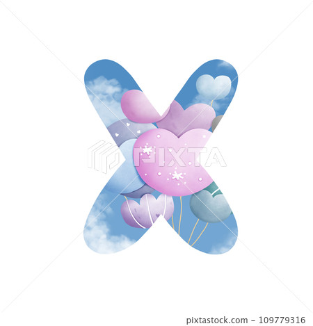 Alphabet letter X with  bunch of balloons  109779316