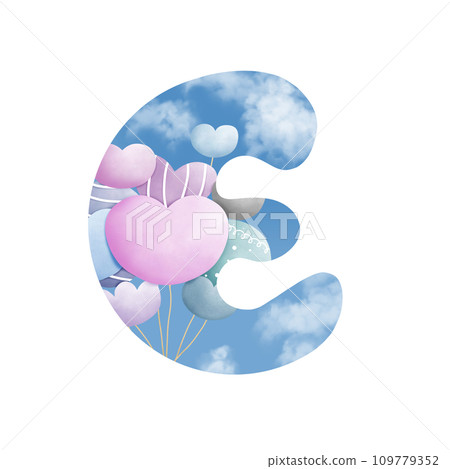 Alphabet letter E with  bunch of balloons  109779352