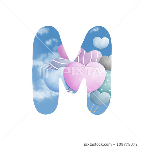 Alphabet letter M with  bunch of balloons  109779372