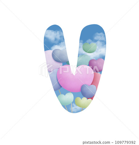 Alphabet letter v with  bunch of balloons  109779392