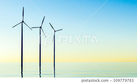 Offshore Wind Turbines Farm At sunset. Green ecological power energy generation. Floating wind turbines installed in sea. Alternative energy source 109779783