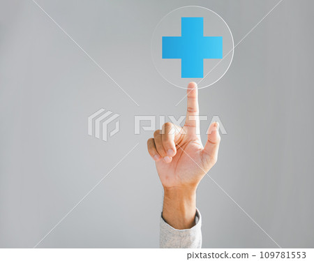 Health, medicine, and insurance safeguard family business. Hand touches plus icon, spotlighting healthcare spread. Focuses on rising growth, hospital access, and welfare health service. 109781553