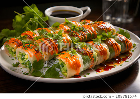 Fresh Goi Cuon Rolls with Herbs and Dipping Sauce Fresh Goi Cuon Rolls with Herbs and Dipping Sauce 109781574
