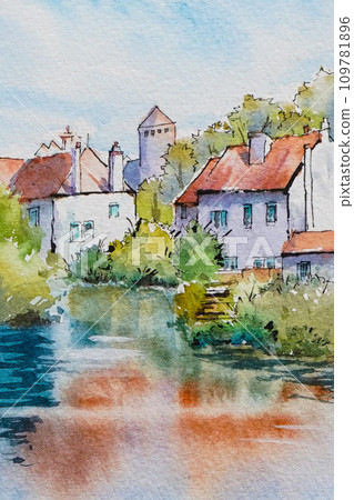 Small town in France Watercolor painting Landscape painting 109781896