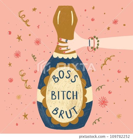 Boss bitch brut champagne bottle with female hand. Funny postcard for girls birthday on pink with confetti. 109782252