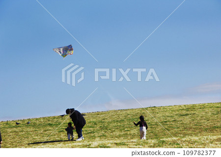 New Year's play. The family flies kites in the park. The kite soars on the wind and I hear the children's excited cries of joy. 109782377