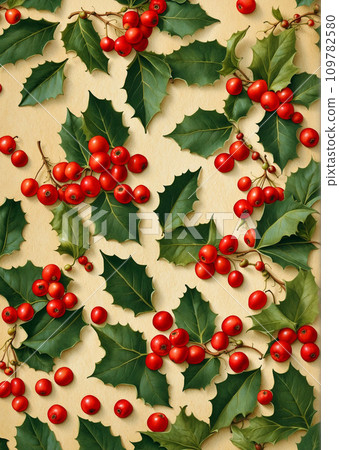 冬季圖像背景：金色背景上的冬青和紅色漿果 109782580