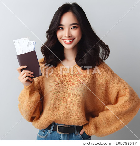 young asian woman holding visa, isolated on white background 109782587