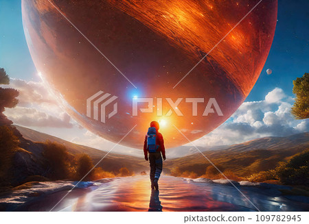 A journey of self-discovery, a person walking towards a giant planet 109782945