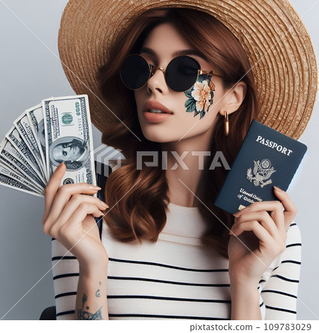 redhead girl with money in hat and sunglasses 109783029