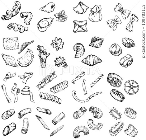 Hand drawn vector ink illustration. Types of pasta assortment Italian cuisine traditional dish. Set of single object elements isolated on white. Restaurant, menu, food shop and package, flyer, print. 109783115