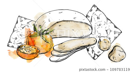 Hand drawn watercolor ink illustration. Quattro formaggi four cheeses pizza slice, Italian cuisine. Composition isolated on white. Design for restaurant menu, cafe, food shop or package, flyer print. 109783119