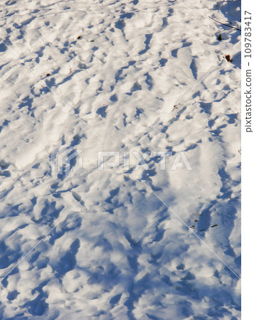 Footprints on white clear snow. 109783417