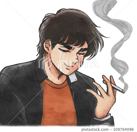 Illustration of a male student smoking while crying/addiction 109784096