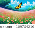 Swallowtail butterfly flying over a cosmos field 109784210
