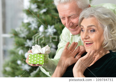 Happy elderly couple celebrating new year at home Happy elderly couple celebrating new year at home 109784731