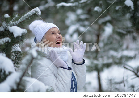 Nice old woman in a fur coat in the winter 109784748