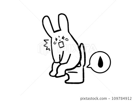 Black and white illustration of a rabbit with hemorrhoid pain in the toilet 109784912