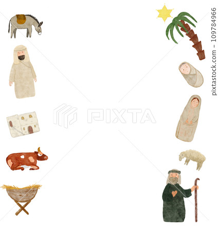 Hand painted watercolor card with manger, Mary, barn, shepherd, animals isolated on white 109784966