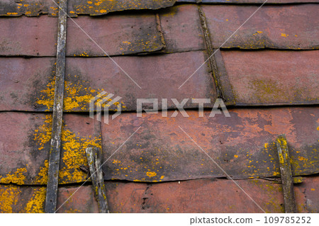rusted sheet metal roof with wooden planks, mold and dirt rusted sheet metal roof with wooden planks, mold and dirt 109785252