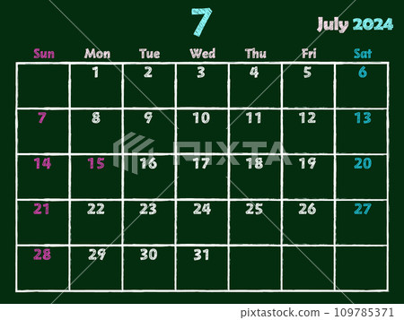 July 2024 blackboard chalk calendar July 2024 blackboard chalk calendar 109785371