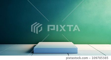 抽像水平模板與方形展台和綠色背景上的幾何瓷磚地板。 AI生成影像 109785385