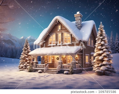 Cozy wooden house in mountains at night with christmas trees and gifts in winter in the snow with Christmas decor - holiday card Cozy wooden house in mountains at night with christmas trees and gifts in winter in the snow with Christmas decor - holiday card 109785586