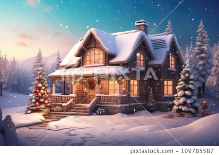 Cozy wooden house in mountains at night with christmas trees and gifts in winter in the snow with Christmas decor - holiday card Cozy wooden house in mountains at night with christmas trees and gifts in winter in the snow with Christmas decor - holiday card 109785587