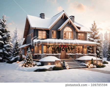 Modern Cozy wooden frame house with an attic and large windows with christmas trees and gifts in winter in the snow with Christmas decor 109785594
