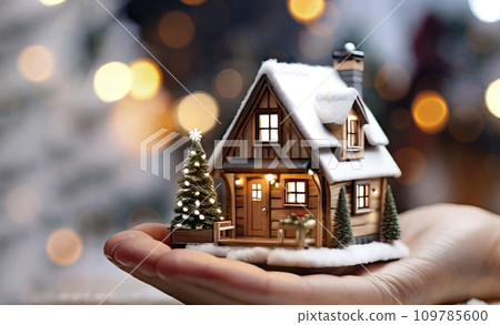 A realistic wooden modern tiny house in a small size in Christmas decor and snow, on the palm of hand. Festive mood and comfort, gift, mortgage, housing, rent, moving in New Year. Copy space 109785600