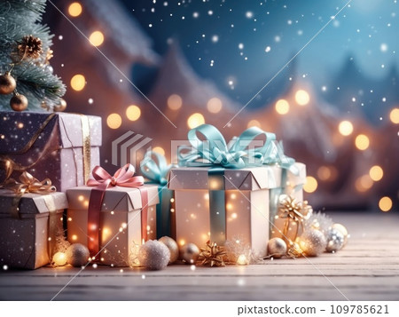 Christmas background with gift boxes with bows in delicate pink, beige, blue tones, bokeh and fairy light. Festive mood Christmas and New Year 109785621