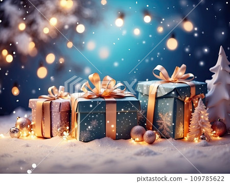 Christmas background with gift boxes with bows in delicate pink, beige, blue tones, bokeh and fairy light. Festive mood Christmas and New Year 109785622