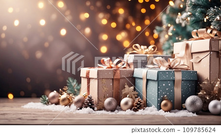 Christmas background with gift boxes with bows in delicate pink, beige, blue tones, bokeh and fairy light. Festive mood Christmas and New Year Christmas background with gift boxes with bows in delicate pink, beige, blue tones, bokeh and fairy light. Festive mood Christmas and New Year 109785624