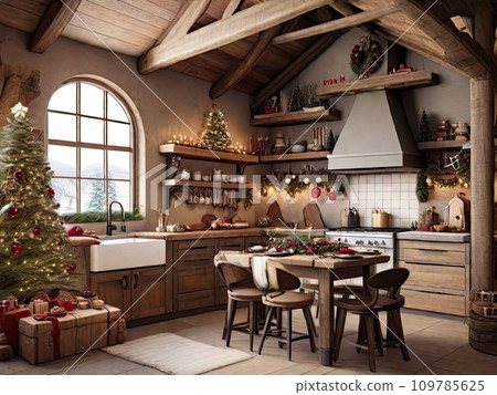 Cozy rustic retro kitchen with Christmas decor, utensils. Merry Christmas and Happy New Year greeting card, home warmth Cozy rustic retro kitchen with Christmas decor, utensils. Merry Christmas and Happy New Year greeting card, home warmth 109785625