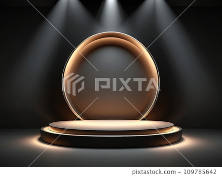 Black with gold round geometric empty podium for a product in a beam of light on a black background. Black Friday promotion, advertising, display Black with gold round geometric empty podium for a product in a beam of light on a black background. Black Friday promotion, advertising, display 109785642