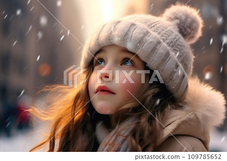 Little girl wearing hat and scarf in snow. Perfect for winter-themed projects. Generative AI Little girl wearing hat and scarf in snow. Perfect for winter-themed projects. Generative AI 109785652