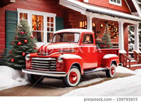 A red retro Christmas truck with gifts and a Christmas tree in the back near a decorated house in winter with snow. A holiday card for Christmas and New Year. A red retro Christmas truck with gifts and a Christmas tree in the back near a decorated house in winter with snow. A holiday card for Christmas and New Year. 109785655