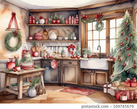 Watercolour Cozy rustic retro kitchen with Christmas decor, utensils. Merry Christmas and Happy New Year greeting card, home warmth 109785670
