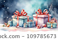 Watercolor Christmas background with gift boxes with bows in delicate pink, beige, blue tones, bokeh and fairy light. Festive mood Christmas and New Year 109785673
